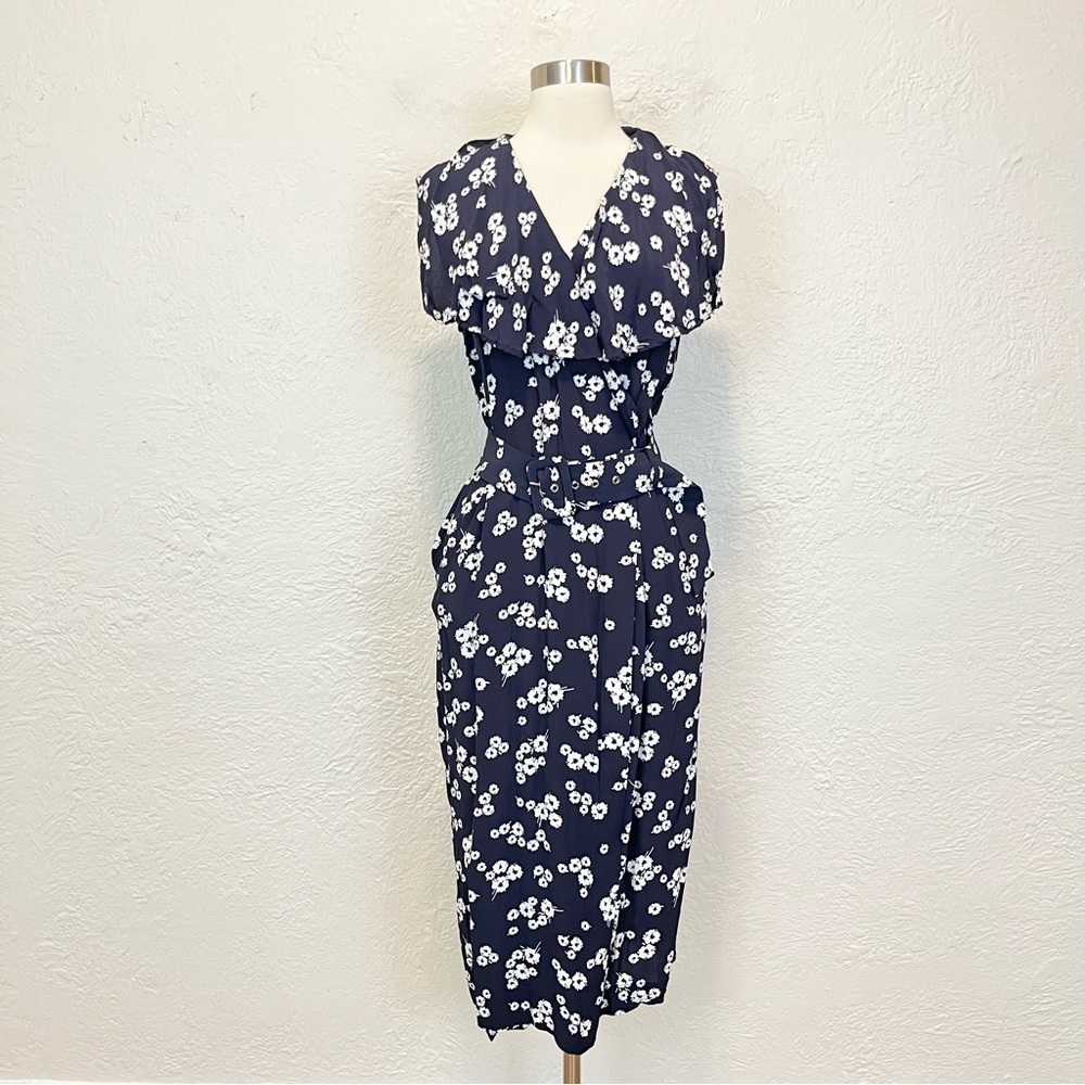 BGL Dress Navy Blue Floral Wrap Belted XL Extra Large